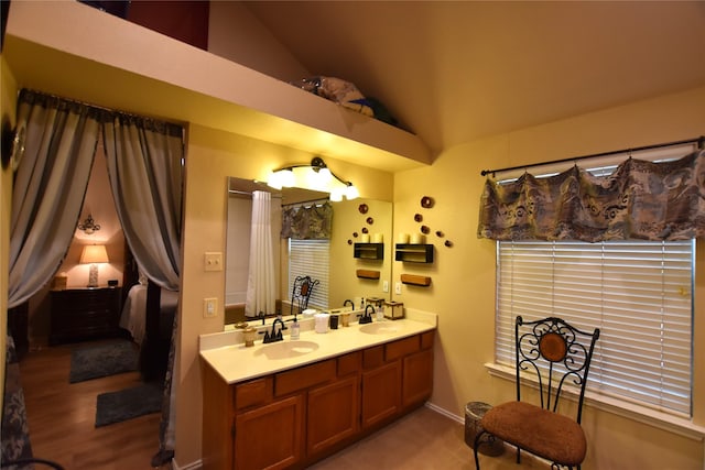 bathroom featuring vanity and vaulted ceiling