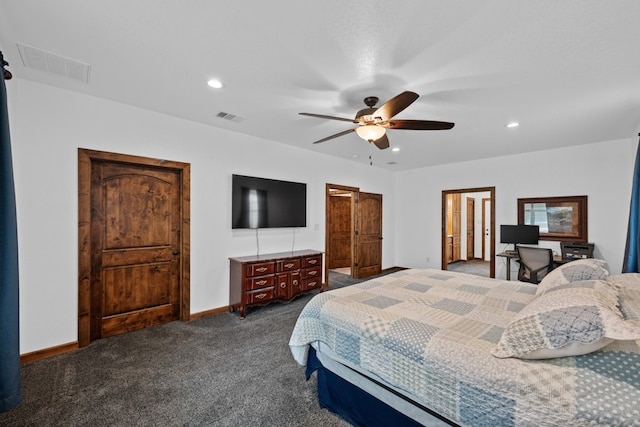 carpeted bedroom with ceiling fan