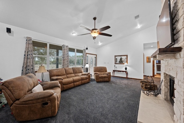 living room featuring light carpet, a fireplace, high vaulted ceiling, and ceiling fan