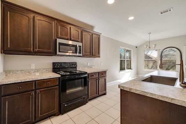 kitchen with sink, an inviting chandelier, vaulted ceiling, dark brown cabinets, and black range with electric stovetop