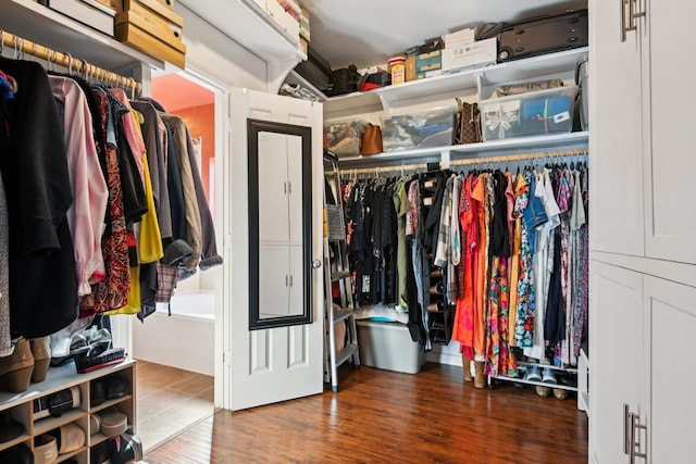 walk in closet with dark hardwood / wood-style flooring