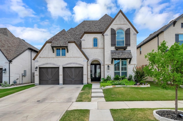 french provincial home featuring a front lawn, a garage, and french doors