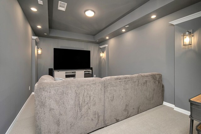 carpeted cinema room with a tray ceiling