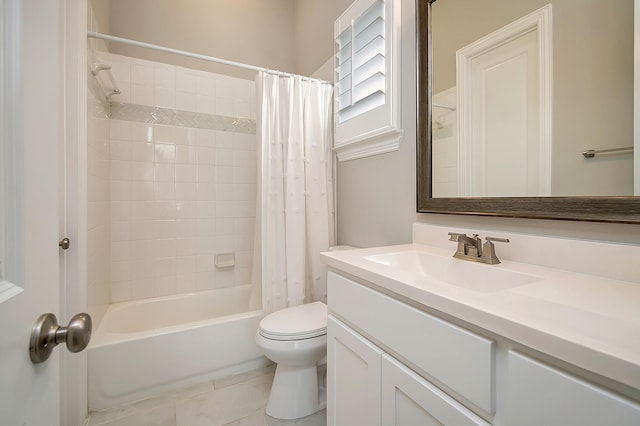 full bathroom featuring vanity, toilet, and shower / bathtub combination with curtain