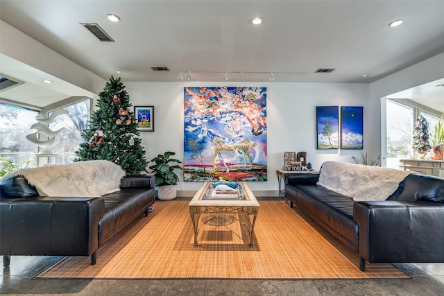 living room with rail lighting