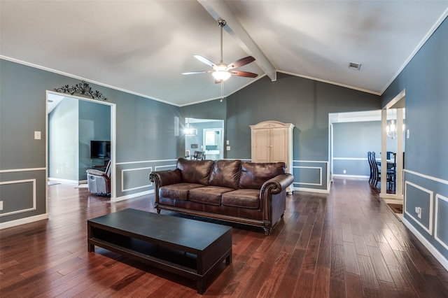 living room featuring vaulted ceiling with beams, dark hardwood / wood-style floors, ceiling fan, and crown molding