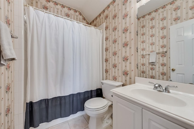 full bathroom with vanity, shower / bath combo, tile patterned floors, and toilet