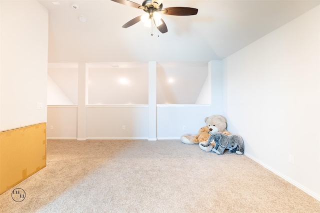 miscellaneous room with carpet, ceiling fan, and lofted ceiling