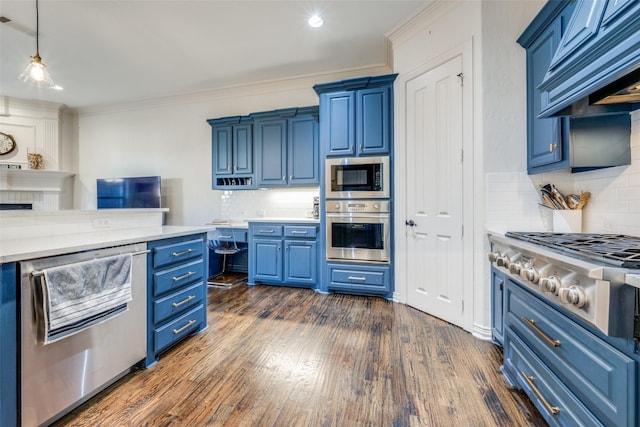 kitchen with premium range hood, decorative backsplash, dark hardwood / wood-style floors, blue cabinetry, and appliances with stainless steel finishes