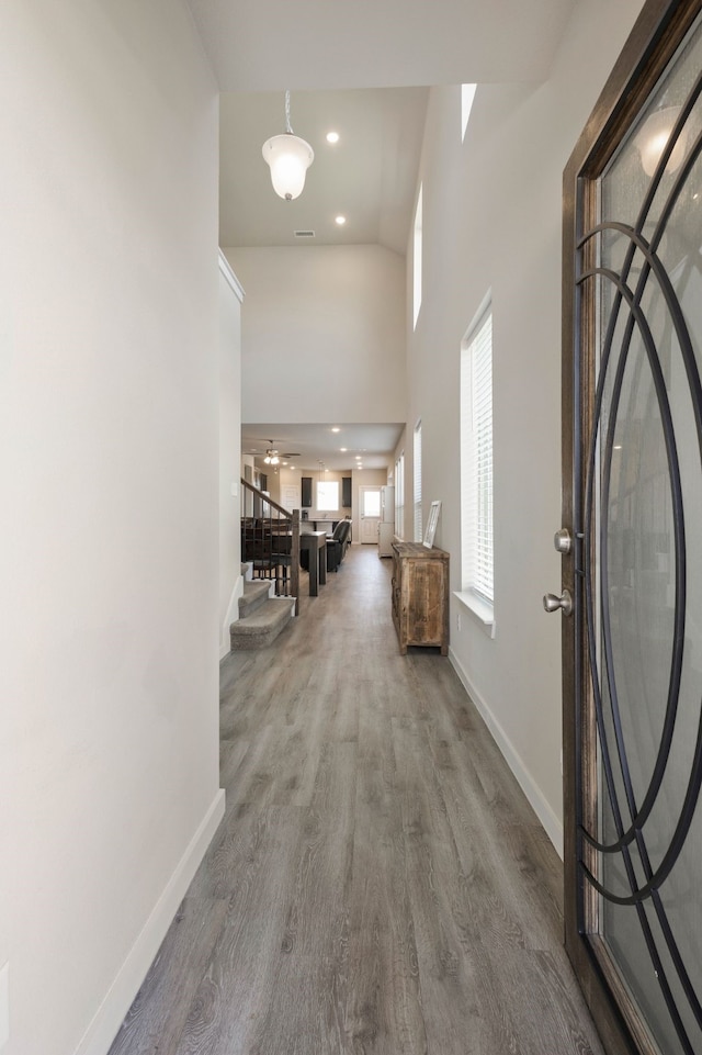 hall with a high ceiling and hardwood / wood-style flooring