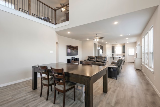 dining room with light hardwood / wood-style flooring and ceiling fan