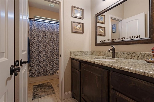 full bathroom with shower / tub combo, vanity, toilet, and tile patterned flooring