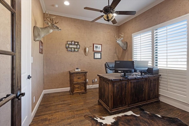 office area featuring dark wood-type flooring, ceiling fan, and crown molding