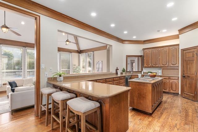 kitchen with stainless steel dishwasher, a kitchen bar, kitchen peninsula, and light hardwood / wood-style flooring