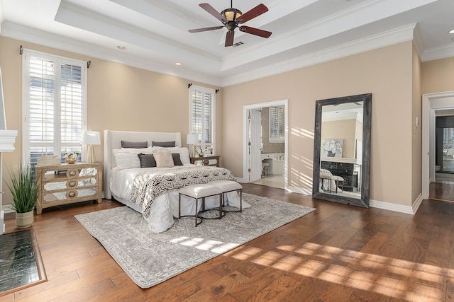 bedroom featuring a tray ceiling, multiple windows, ensuite bathroom, and ceiling fan