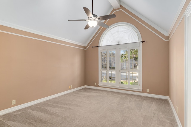 empty room with light carpet, crown molding, ceiling fan, and high vaulted ceiling