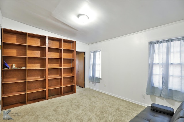 interior space featuring lofted ceiling, carpet floors, and crown molding