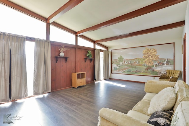 living room with lofted ceiling with beams and dark hardwood / wood-style flooring