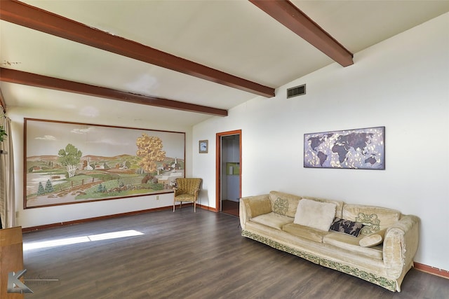 living room with lofted ceiling with beams and dark hardwood / wood-style flooring