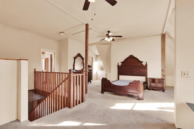 bedroom with ceiling fan and light colored carpet