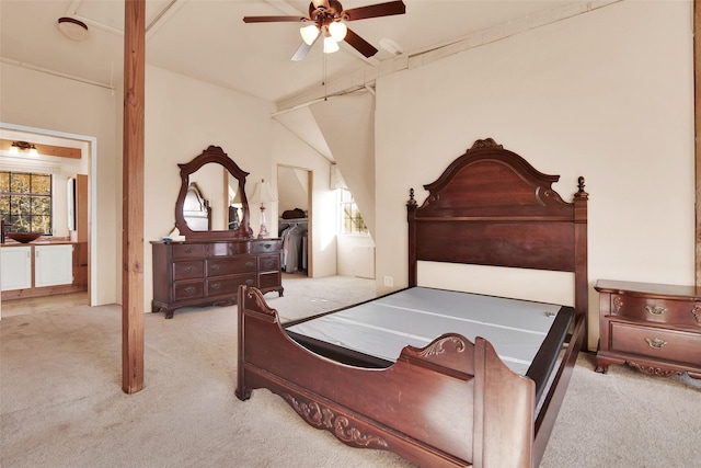 bedroom featuring light carpet and ceiling fan