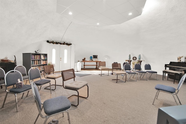 living room featuring french doors and light colored carpet