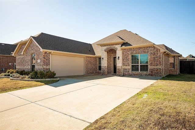 view of front of property with a front lawn and a garage