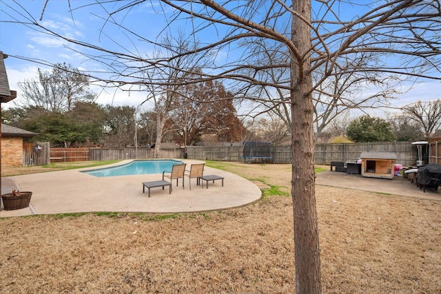 exterior space featuring a fenced in pool, a patio, and a trampoline