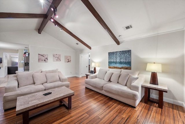 living room with wood-type flooring and vaulted ceiling with beams