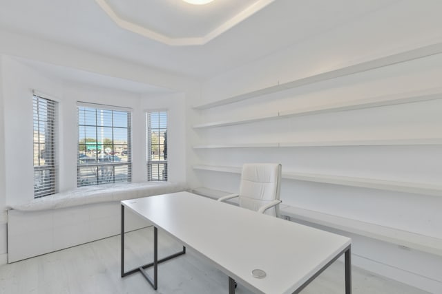 office with a tray ceiling and light hardwood / wood-style flooring