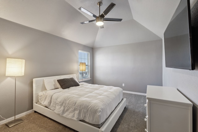 bedroom featuring dark carpet, ceiling fan, and lofted ceiling