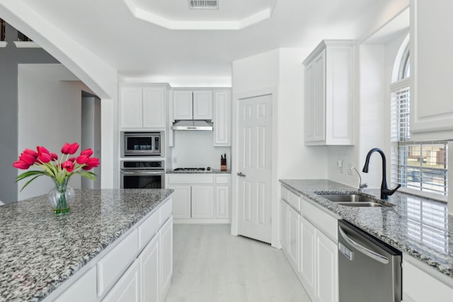 kitchen with white cabinets, light stone counters, sink, and stainless steel appliances