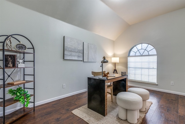 office area with dark hardwood / wood-style flooring and lofted ceiling