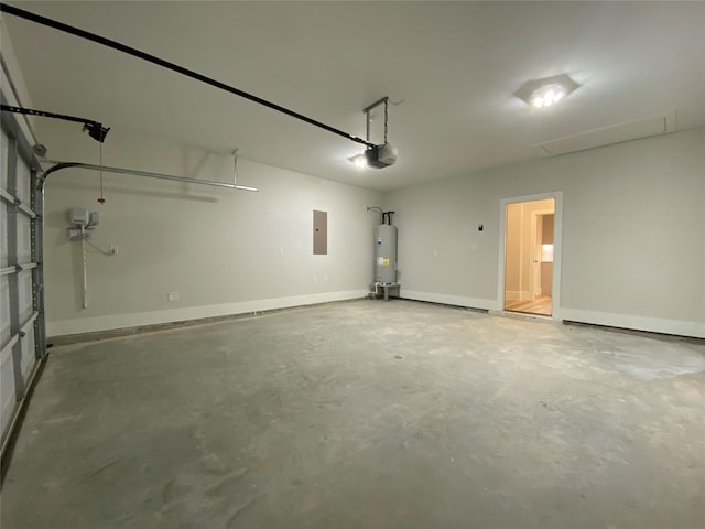 garage featuring water heater, a garage door opener, and electric panel