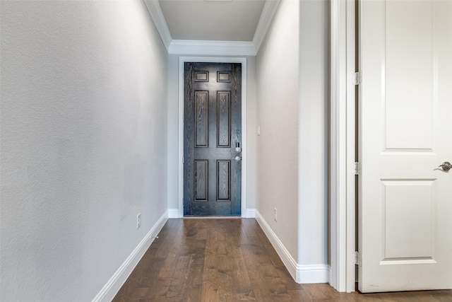 entryway featuring crown molding and dark wood-type flooring