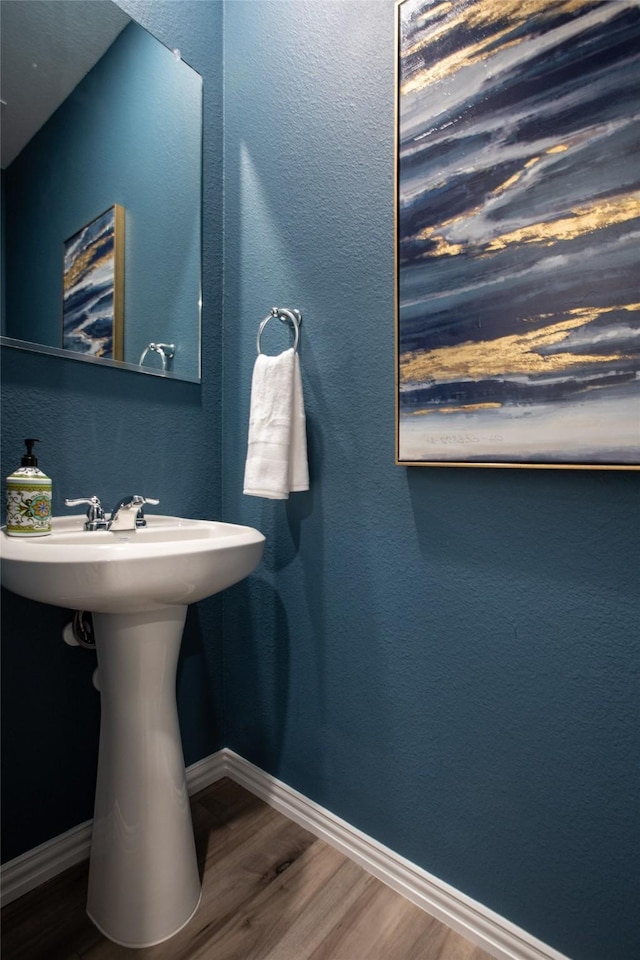 bathroom with hardwood / wood-style flooring