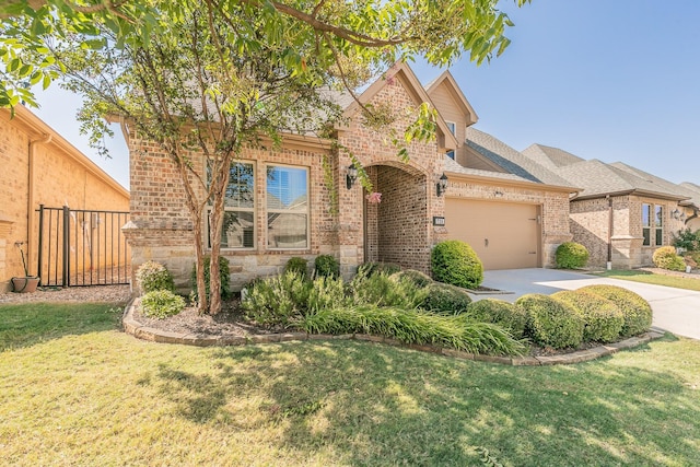 view of front of house with a garage and a front lawn