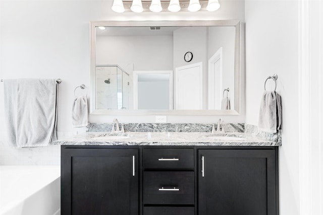 bathroom featuring vanity and independent shower and bath