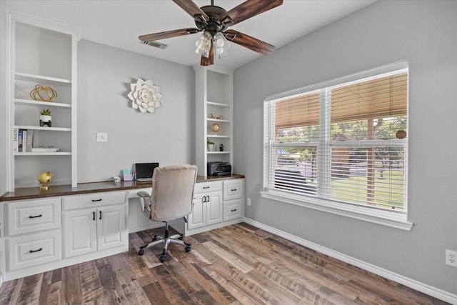 office with wood-type flooring, built in features, and ceiling fan