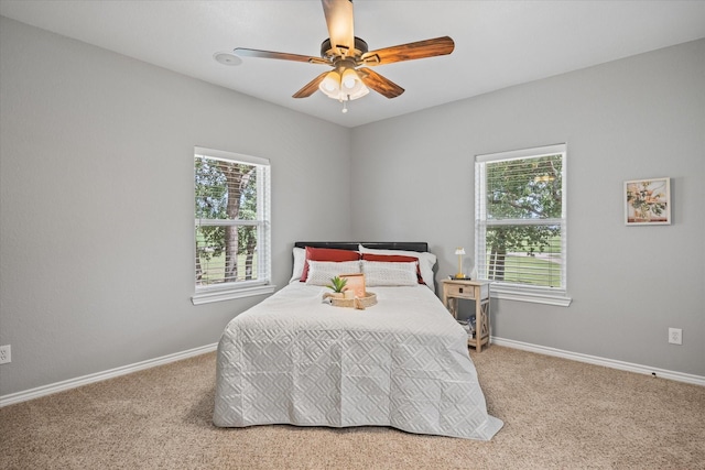 carpeted bedroom with ceiling fan and multiple windows