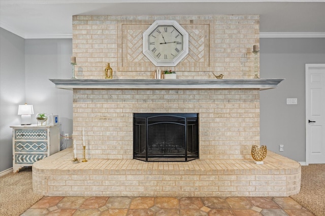 room details with carpet floors, a fireplace, and ornamental molding