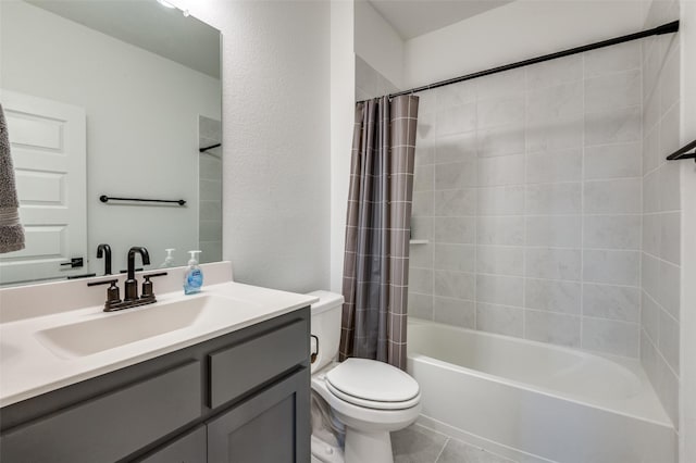 full bathroom with vanity, toilet, tile patterned floors, and shower / bathtub combination with curtain