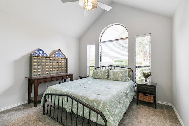 bedroom with carpet flooring, ceiling fan, and lofted ceiling