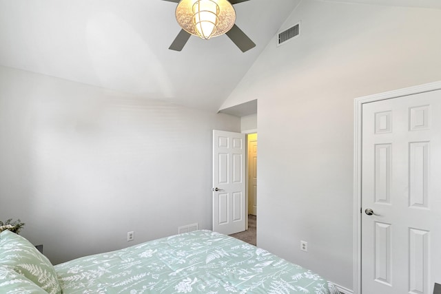 bedroom featuring ceiling fan and lofted ceiling