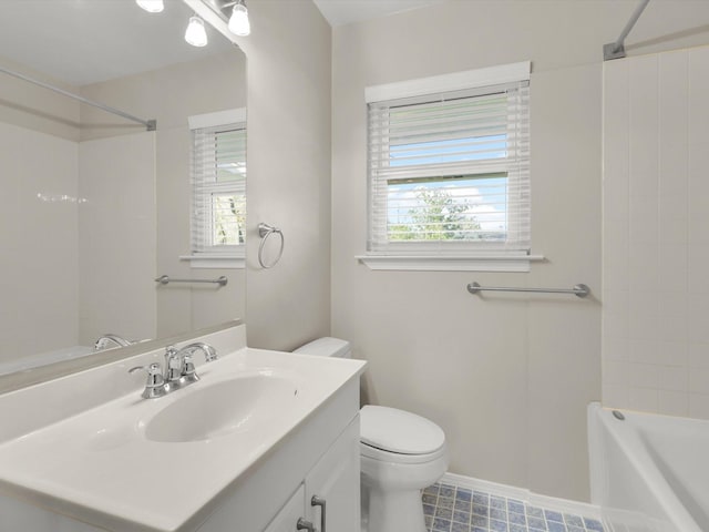 full bathroom with vanity, toilet, and shower / washtub combination