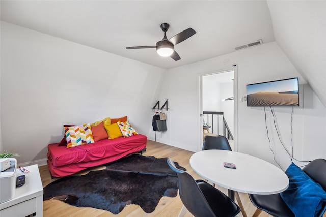 bedroom featuring ceiling fan and light wood-type flooring