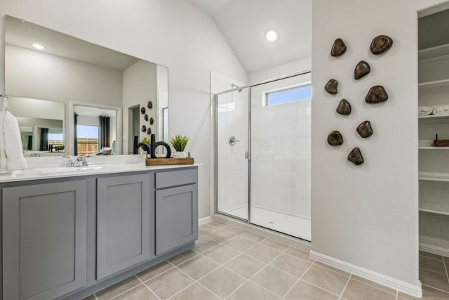 bathroom featuring plenty of natural light, a shower with shower door, and lofted ceiling