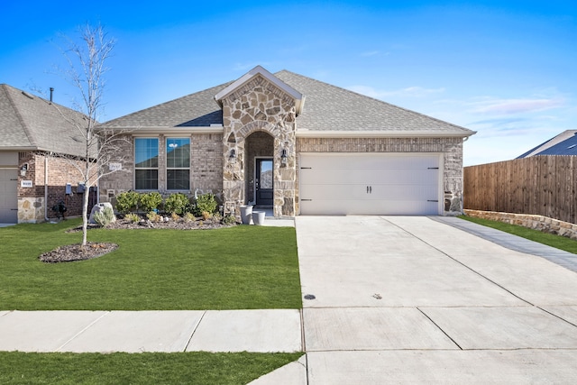 view of front of property featuring a front yard and a garage