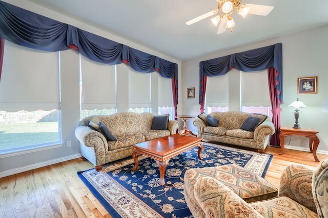 living room with hardwood / wood-style flooring and ceiling fan