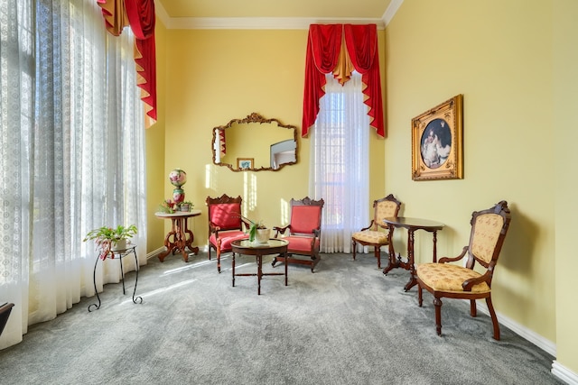 sitting room featuring carpet flooring, a healthy amount of sunlight, and ornamental molding